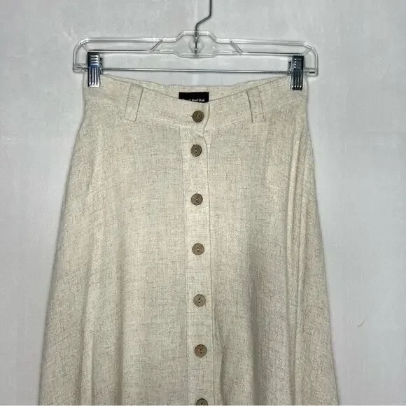 FRANK & OAK / oatmeal tan linen blend button front midi skirt / XS - Picture 3 of 7